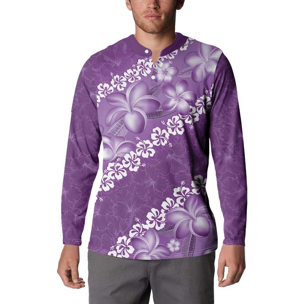 Vintage Purple Polynesia Button Sweatshirt Plumeria With Hibiscus Tropical Vibes LT14 - Polynesian Pride