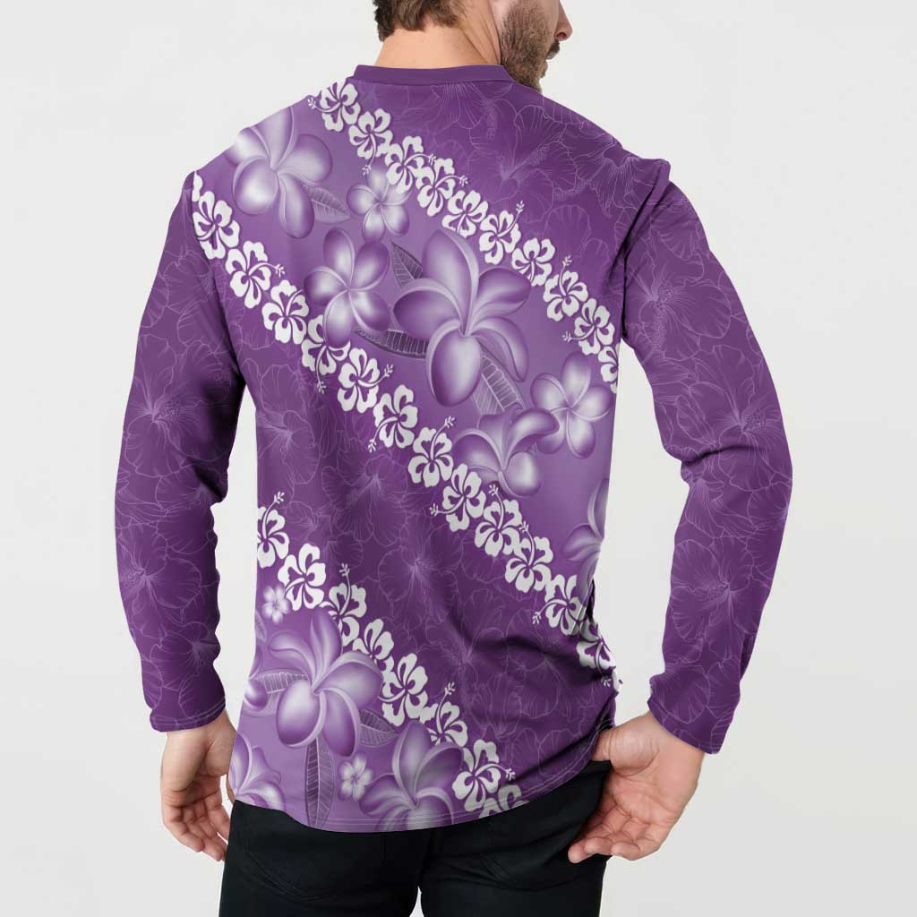 Vintage Purple Polynesia Button Sweatshirt Plumeria With Hibiscus Tropical Vibes LT14 - Polynesian Pride