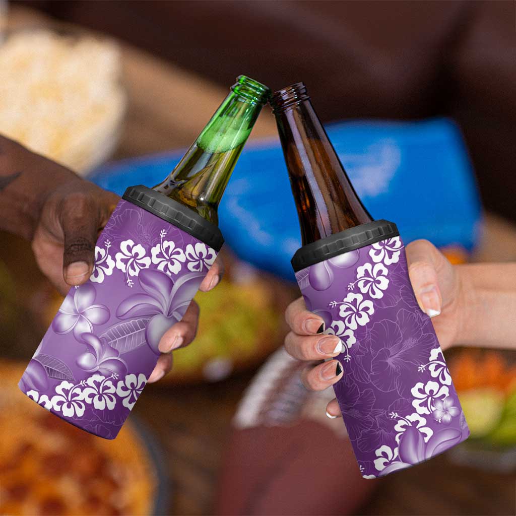 Vintage Purple Polynesia 4 in 1 Can Cooler Tumbler Plumeria With Hibiscus Tropical Vibes