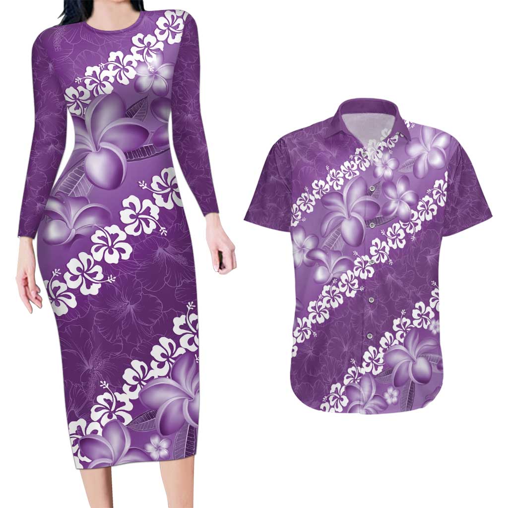 Vintage Purple Polynesia Couples Matching Long Sleeve Bodycon Dress and Hawaiian Shirt Plumeria With Hibiscus Tropical Vibes