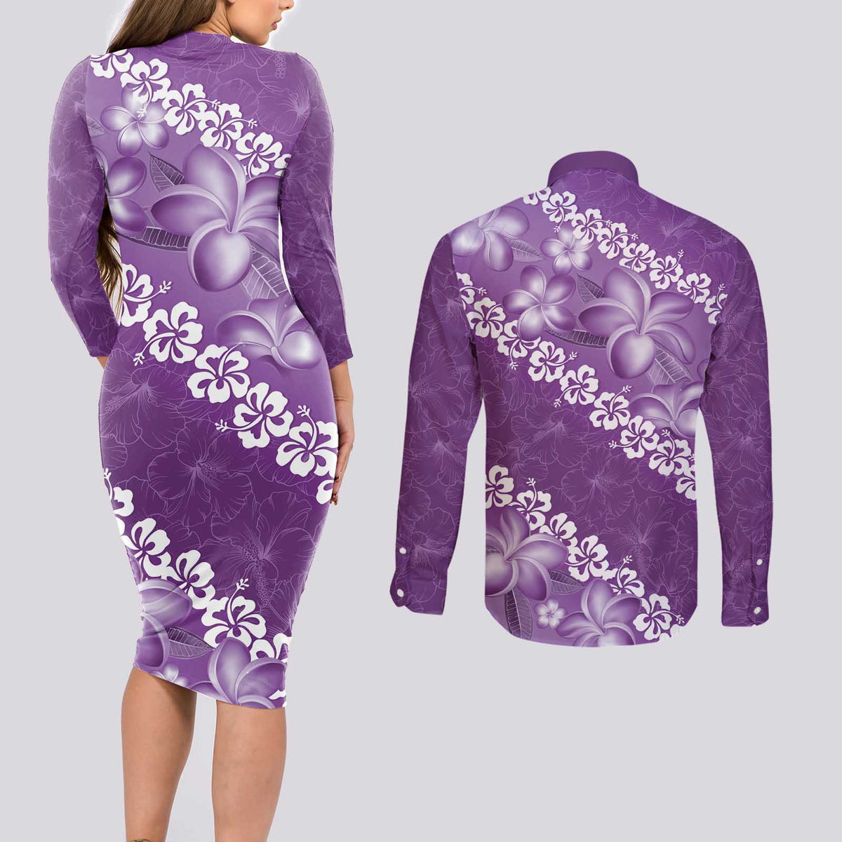Vintage Purple Polynesia Couples Matching Long Sleeve Bodycon Dress and Long Sleeve Button Shirt Plumeria With Hibiscus Tropical Vibes