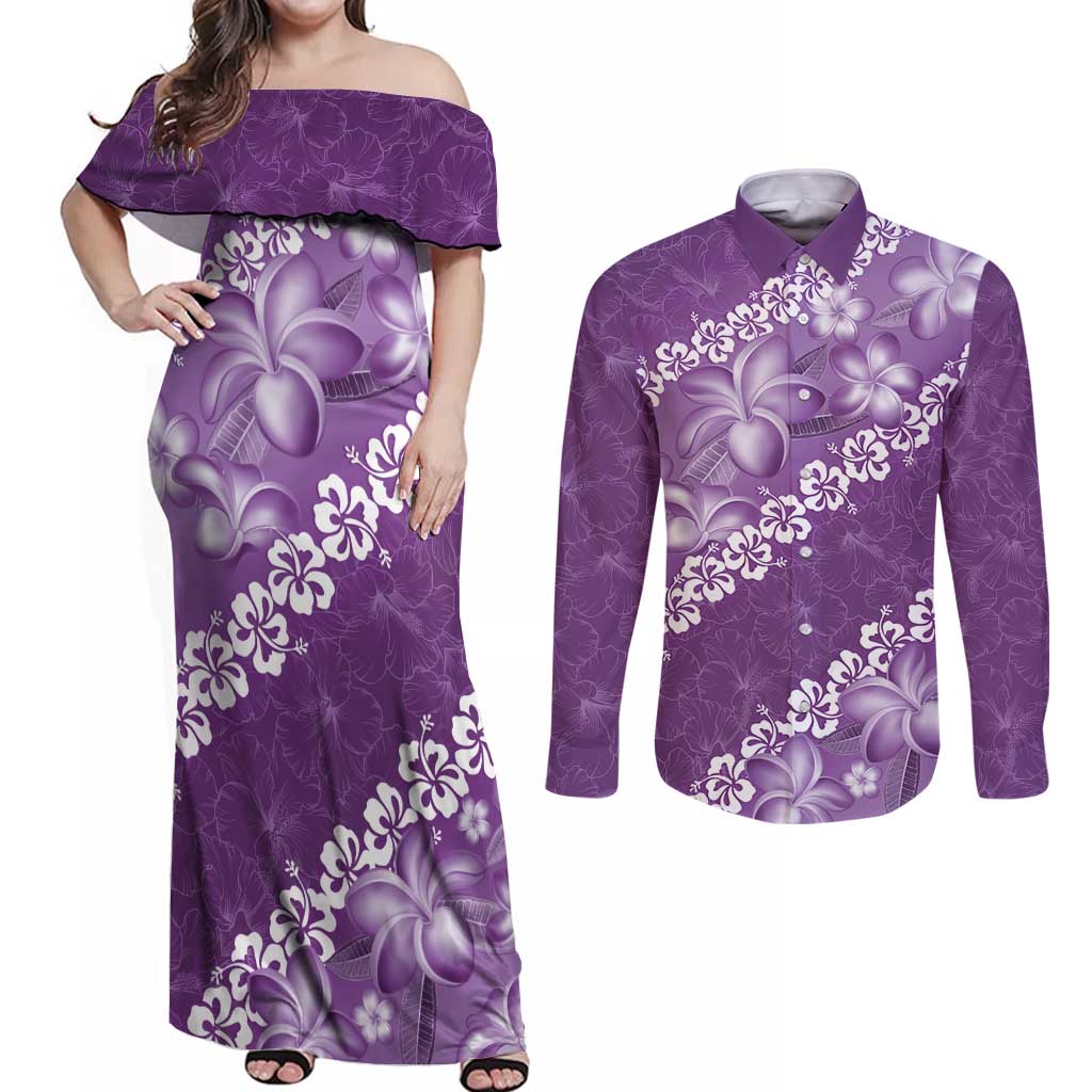 Vintage Purple Polynesia Couples Matching Off Shoulder Maxi Dress and Long Sleeve Button Shirt Plumeria With Hibiscus Tropical Vibes LT14 Purple - Polynesian Pride