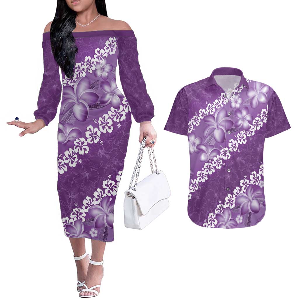 Vintage Purple Polynesia Couples Matching Off The Shoulder Long Sleeve Dress and Hawaiian Shirt Plumeria With Hibiscus Tropical Vibes