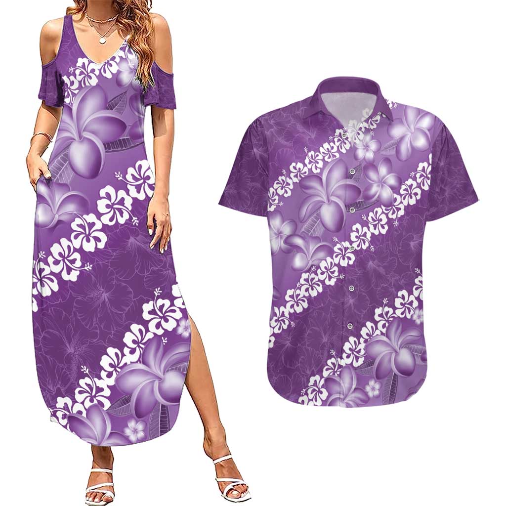 Vintage Purple Polynesia Couples Matching Summer Maxi Dress and Hawaiian Shirt Plumeria With Hibiscus Tropical Vibes