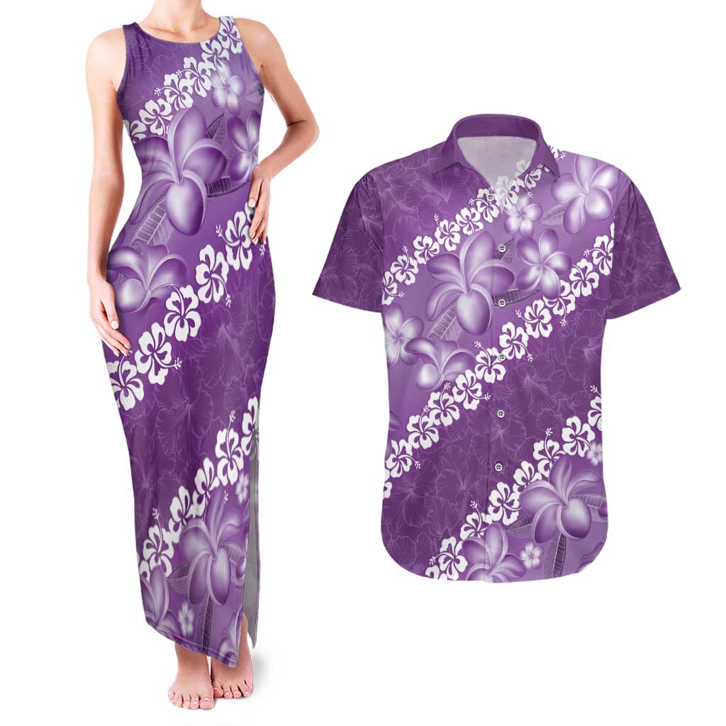 Vintage Purple Polynesia Couples Matching Tank Maxi Dress and Hawaiian Shirt Plumeria With Hibiscus Tropical Vibes