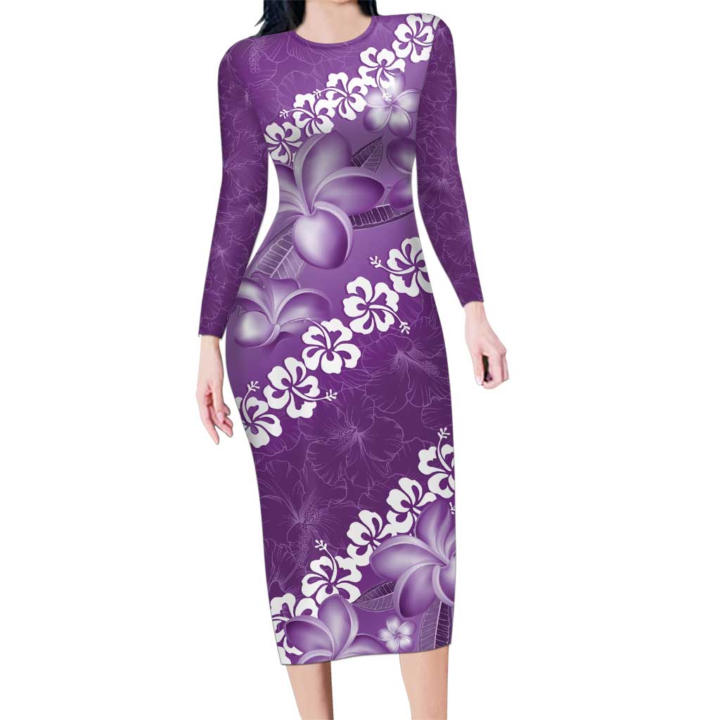 Vintage Purple Polynesia Family Matching Long Sleeve Bodycon Dress and Hawaiian Shirt Plumeria With Hibiscus Tropical Vibes