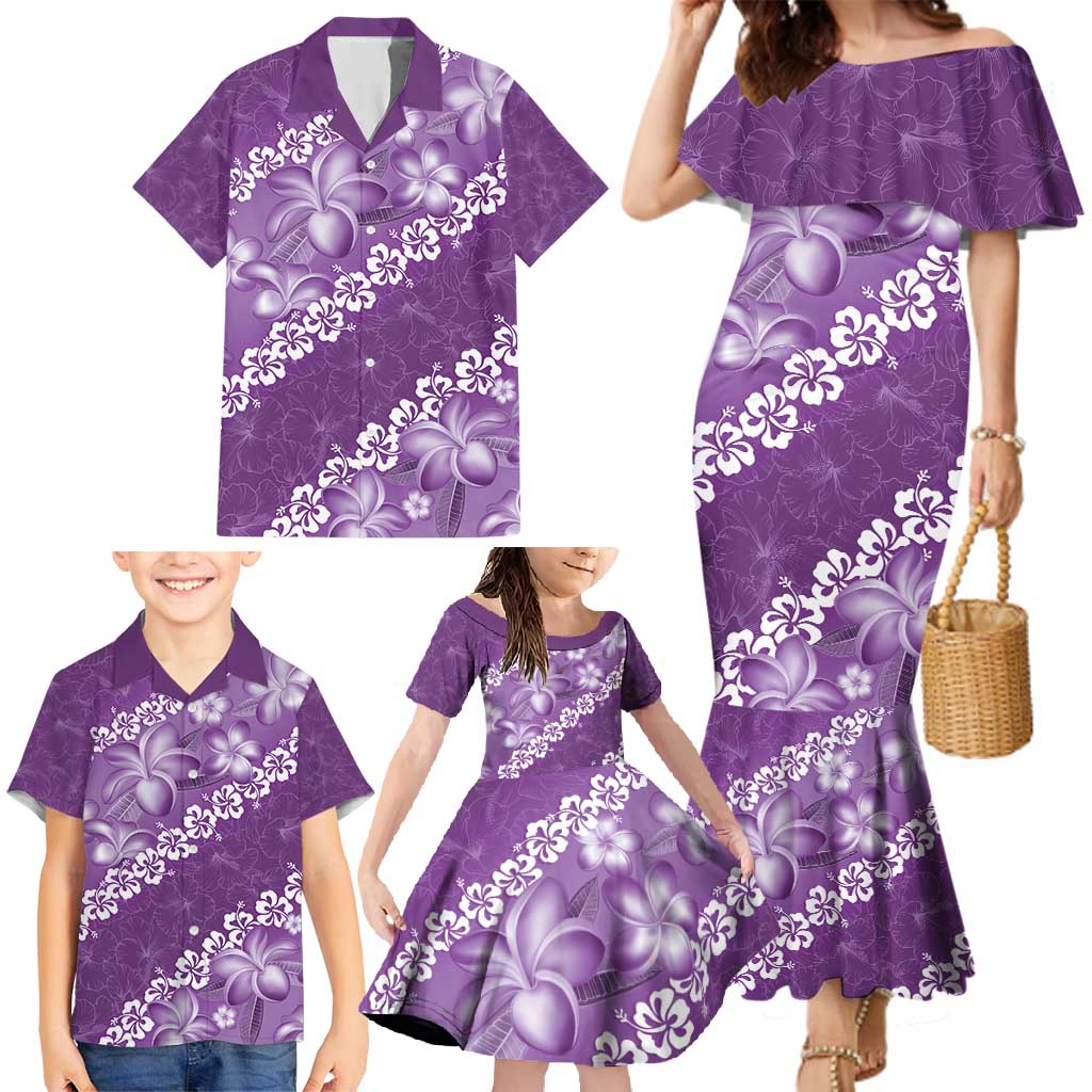 Vintage Purple Polynesia Family Matching Mermaid Dress and Hawaiian Shirt Plumeria With Hibiscus Tropical Vibes