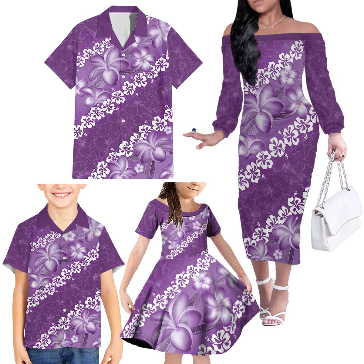 Vintage Purple Polynesia Family Matching Off The Shoulder Long Sleeve Dress and Hawaiian Shirt Plumeria With Hibiscus Tropical Vibes