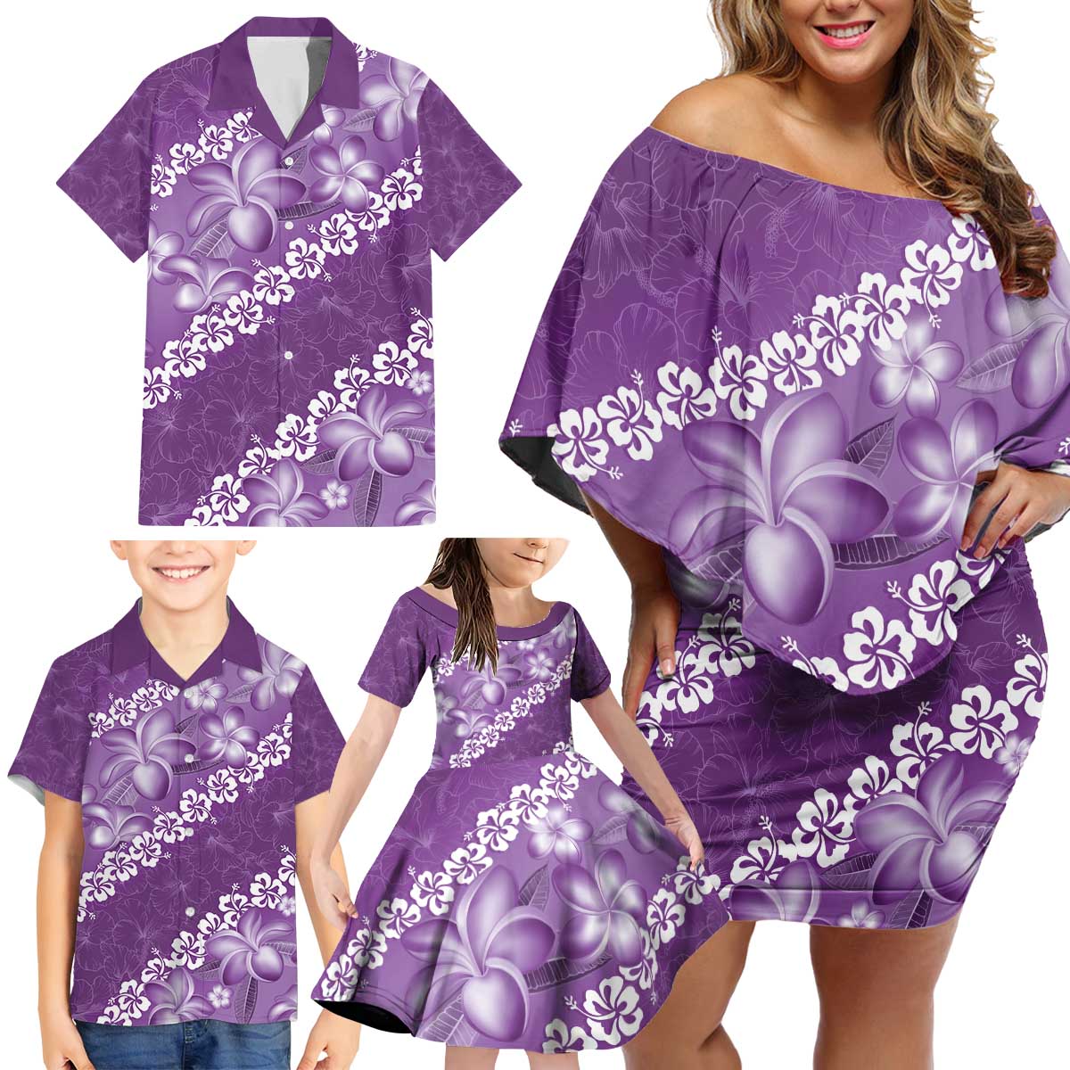 Vintage Purple Polynesia Family Matching Off Shoulder Short Dress and Hawaiian Shirt Plumeria With Hibiscus Tropical Vibes