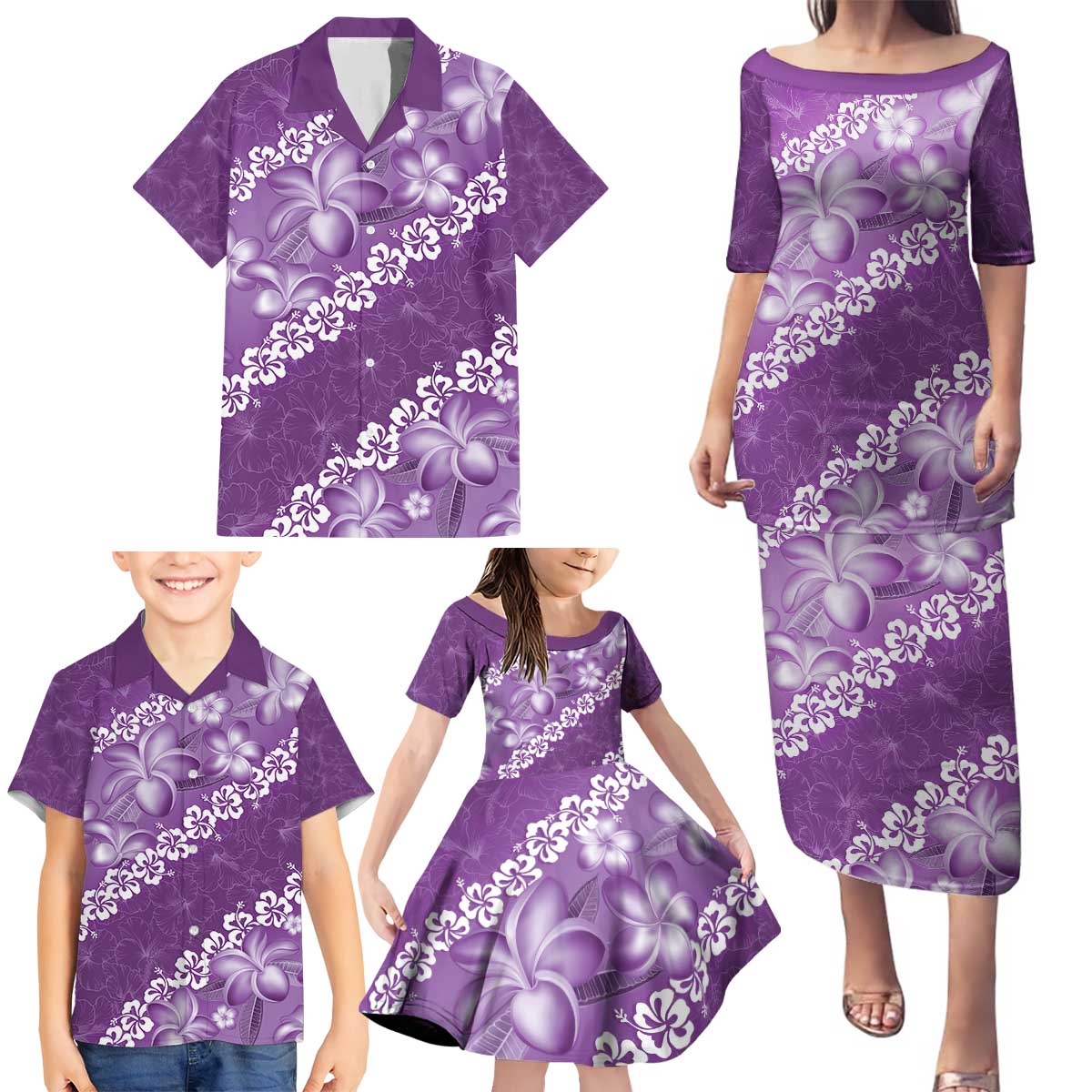 Vintage Purple Polynesia Family Matching Puletasi and Hawaiian Shirt Plumeria With Hibiscus Tropical Vibes