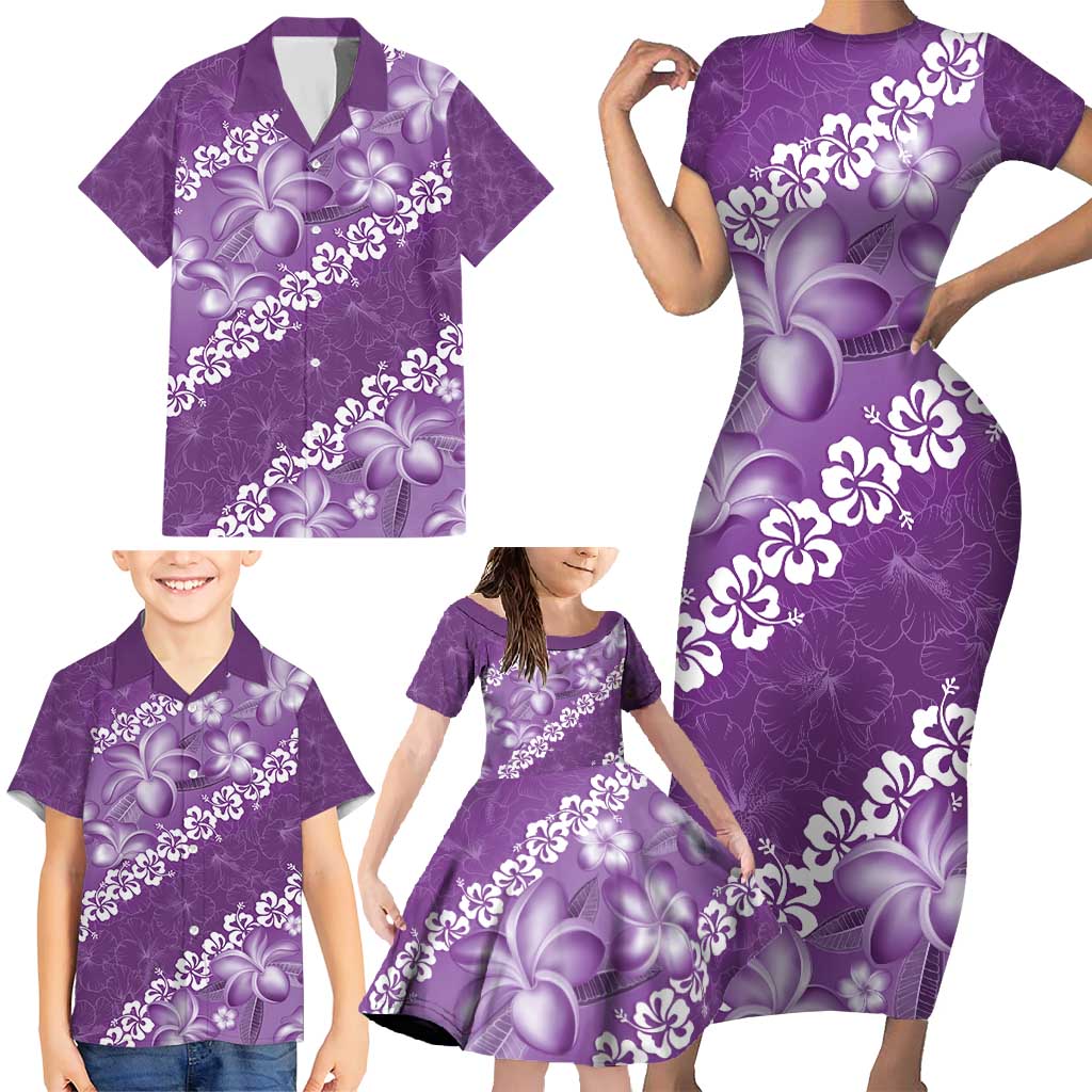 Vintage Purple Polynesia Family Matching Short Sleeve Bodycon Dress and Hawaiian Shirt Plumeria With Hibiscus Tropical Vibes