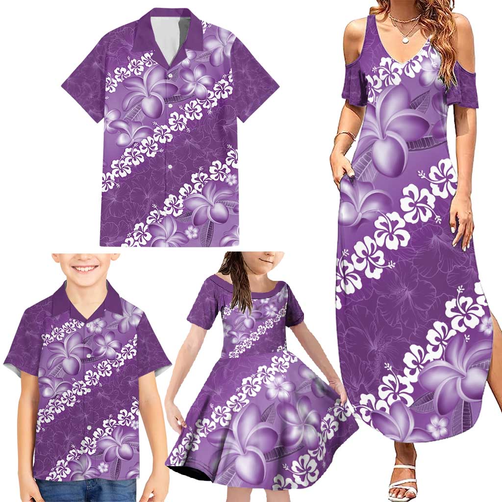 Vintage Purple Polynesia Family Matching Summer Maxi Dress and Hawaiian Shirt Plumeria With Hibiscus Tropical Vibes