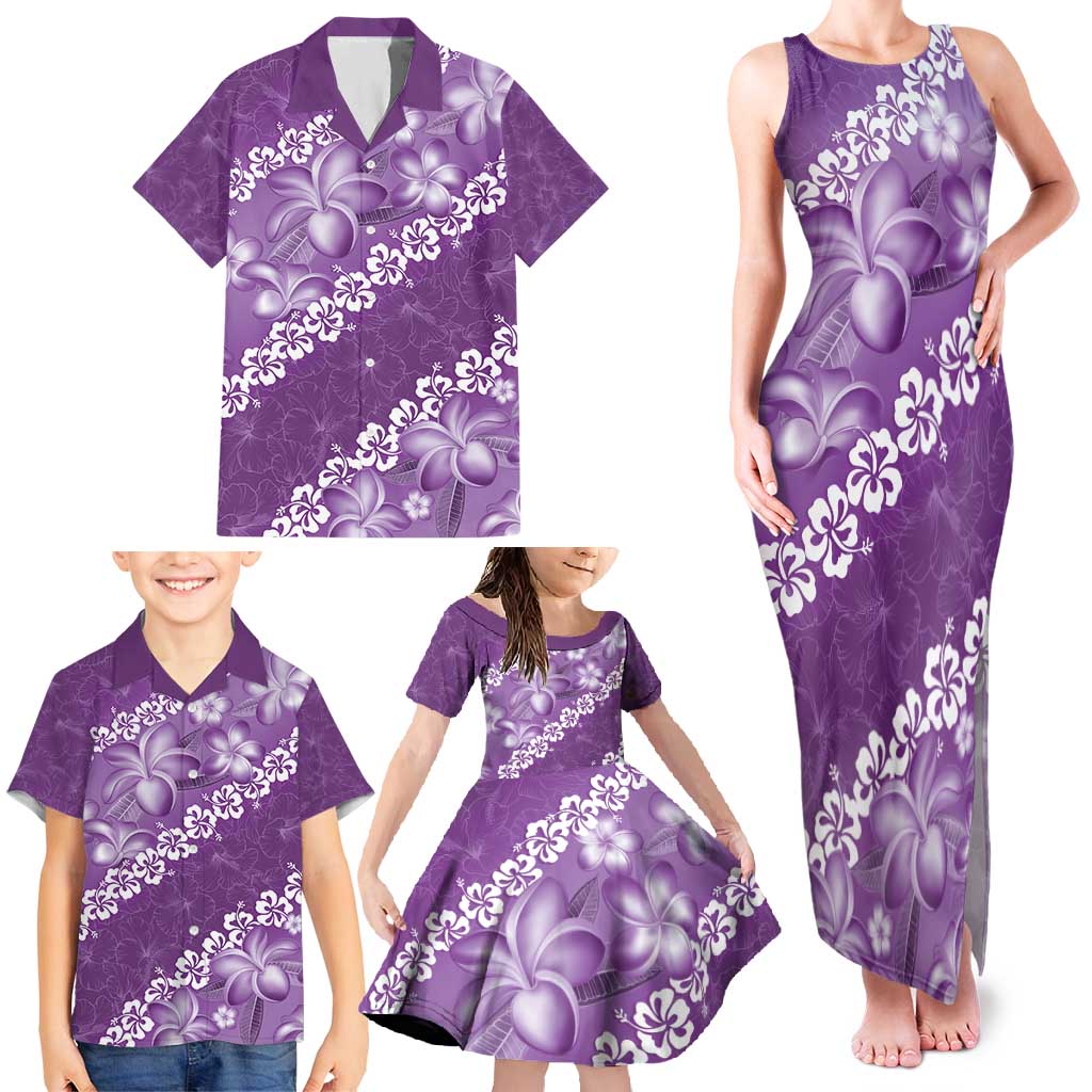 Vintage Purple Polynesia Family Matching Tank Maxi Dress and Hawaiian Shirt Plumeria With Hibiscus Tropical Vibes