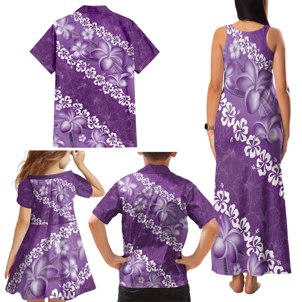 Vintage Purple Polynesia Family Matching Tank Maxi Dress and Hawaiian Shirt Plumeria With Hibiscus Tropical Vibes