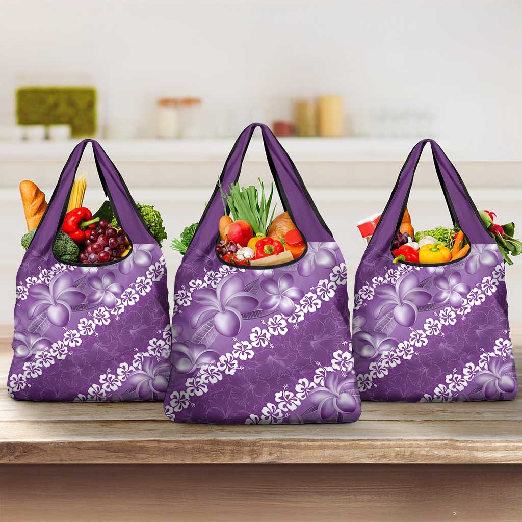Vintage Purple Polynesia Grocery Bag Plumeria With Hibiscus Tropical Vibes LT14 3-pack One Size Purple - Polynesian Pride