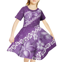 Vintage Purple Polynesia Kid Short Sleeve Dress Plumeria With Hibiscus Tropical Vibes