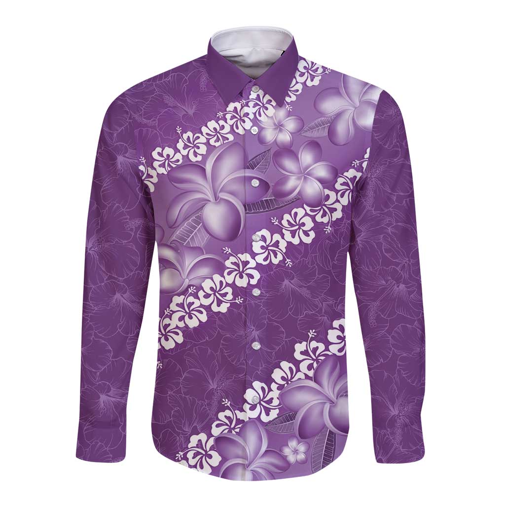 Vintage Purple Polynesia Long Sleeve Button Shirt Plumeria With Hibiscus Tropical Vibes