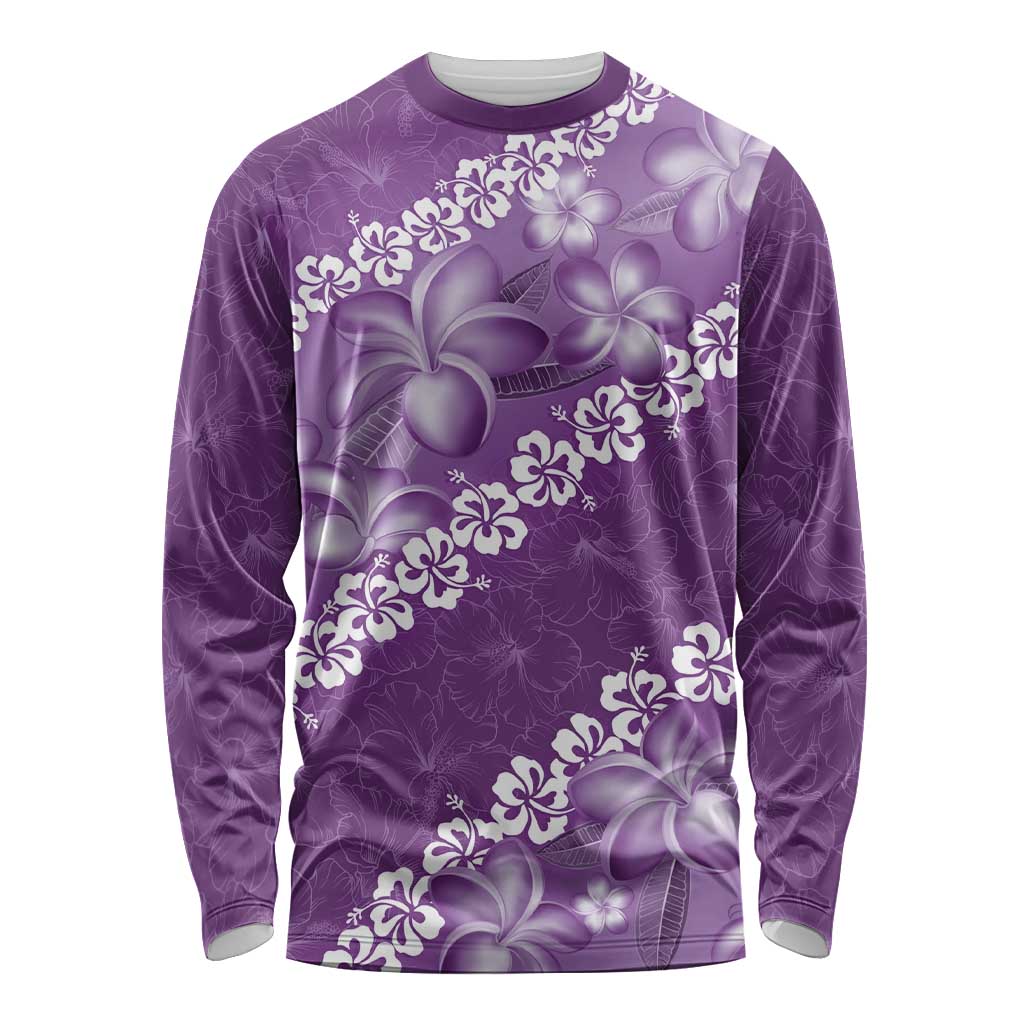 Vintage Purple Polynesia Long Sleeve Shirt Plumeria With Hibiscus Tropical Vibes