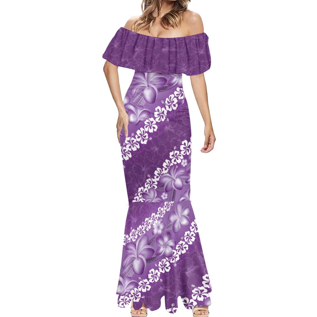 Vintage Purple Polynesia Mermaid Dress Plumeria With Hibiscus Tropical Vibes