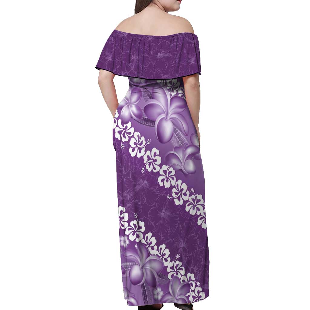 Vintage Purple Polynesia Off Shoulder Maxi Dress Plumeria With Hibiscus Tropical Vibes LT14 - Polynesian Pride