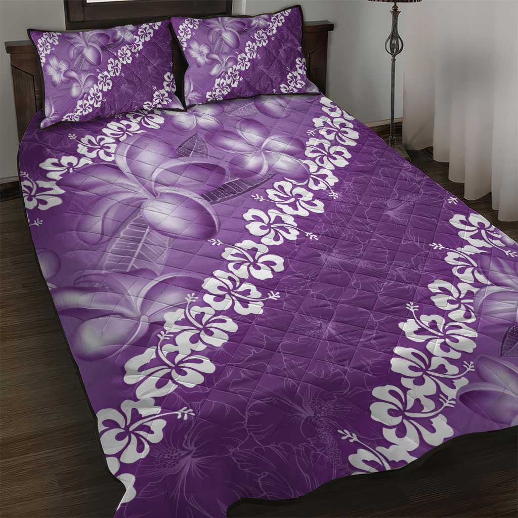 Vintage Purple Polynesia Quilt Bed Set Plumeria With Hibiscus Tropical Vibes