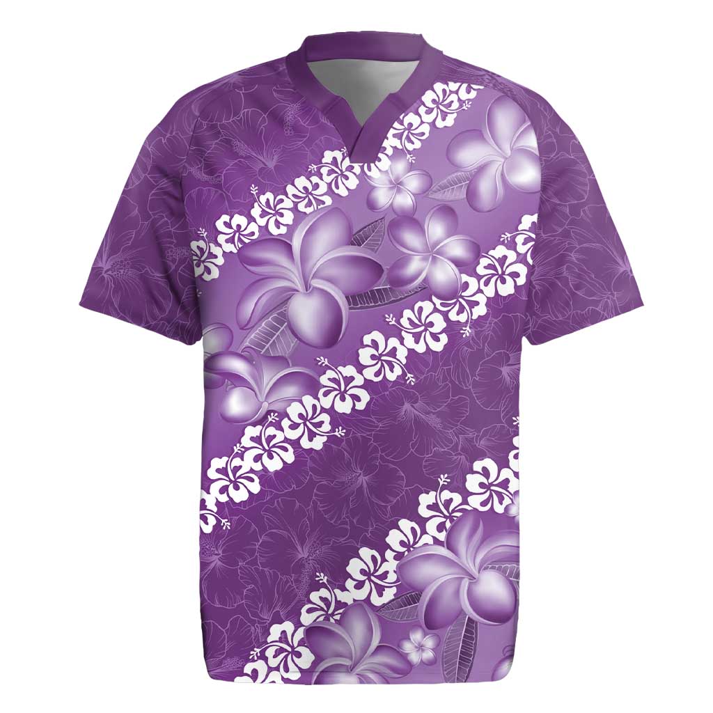Vintage Purple Polynesia Rugby Jersey Plumeria With Hibiscus Tropical Vibes LT14 Purple - Polynesian Pride