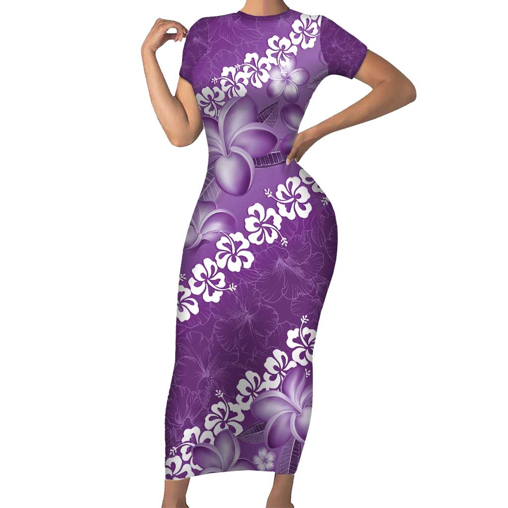 Vintage Purple Polynesia Short Sleeve Bodycon Dress Plumeria With Hibiscus Tropical Vibes