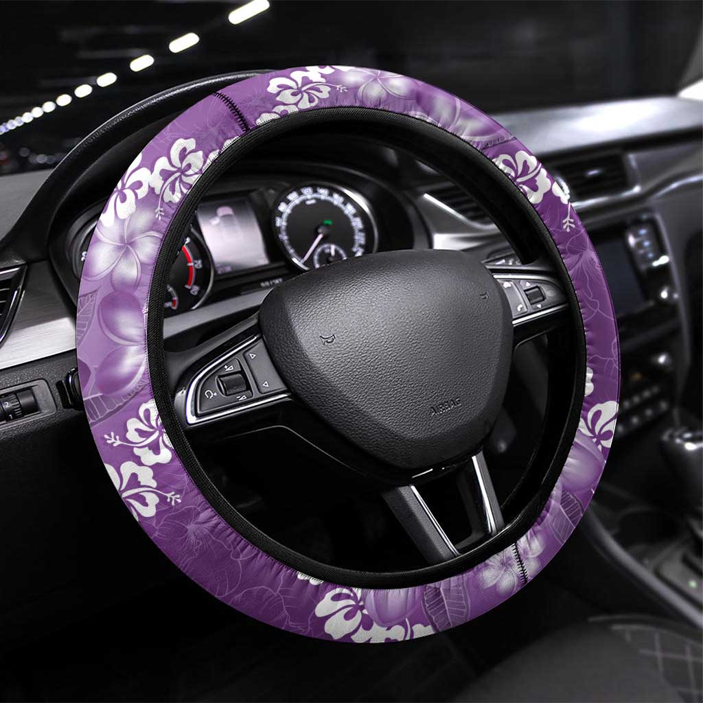 Vintage Purple Polynesia Steering Wheel Cover Plumeria With Hibiscus Tropical Vibes LT14 Universal Fit Purple - Polynesian Pride