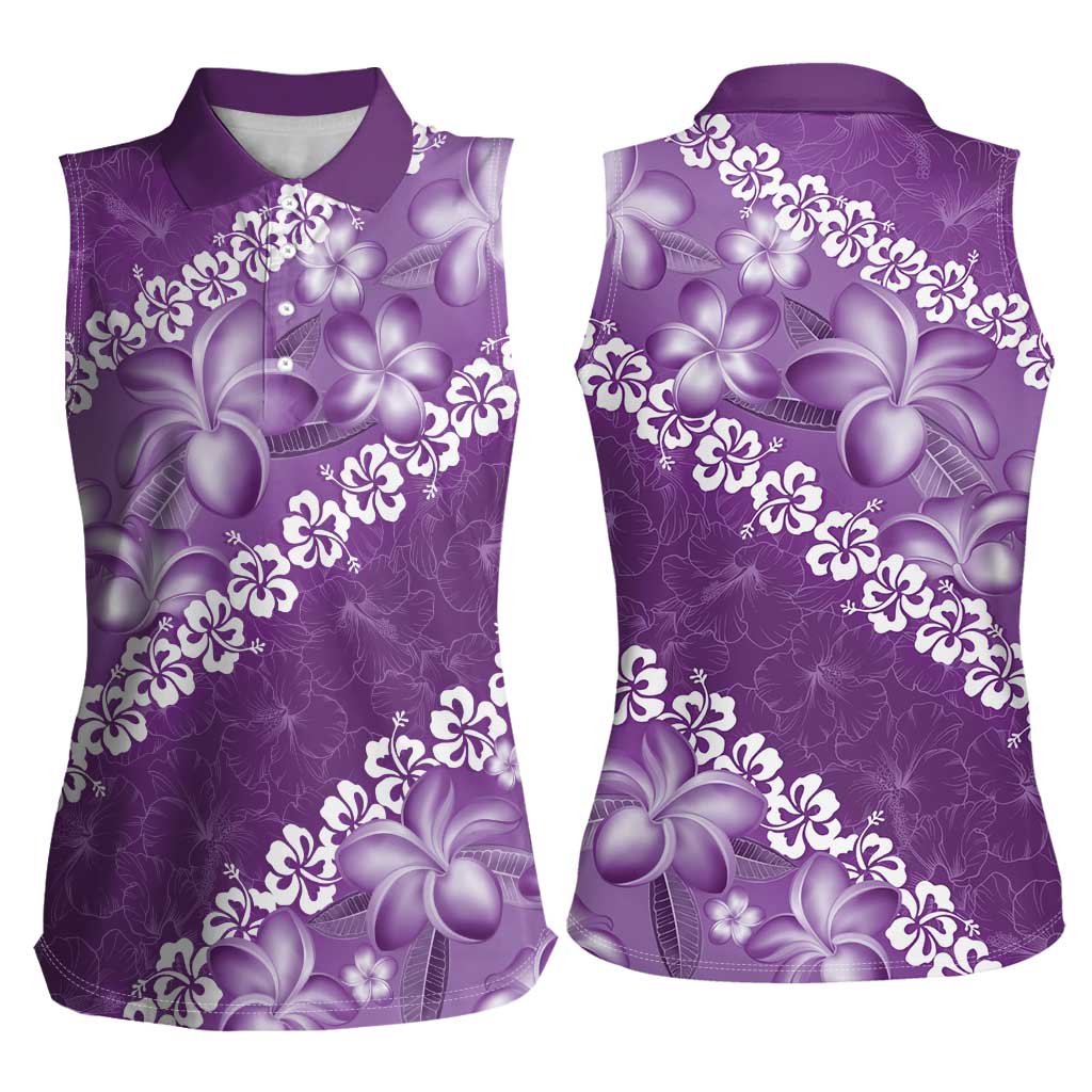 Vintage Purple Polynesia Women Sleeveless Polo Shirt Plumeria With Hibiscus Tropical Vibes