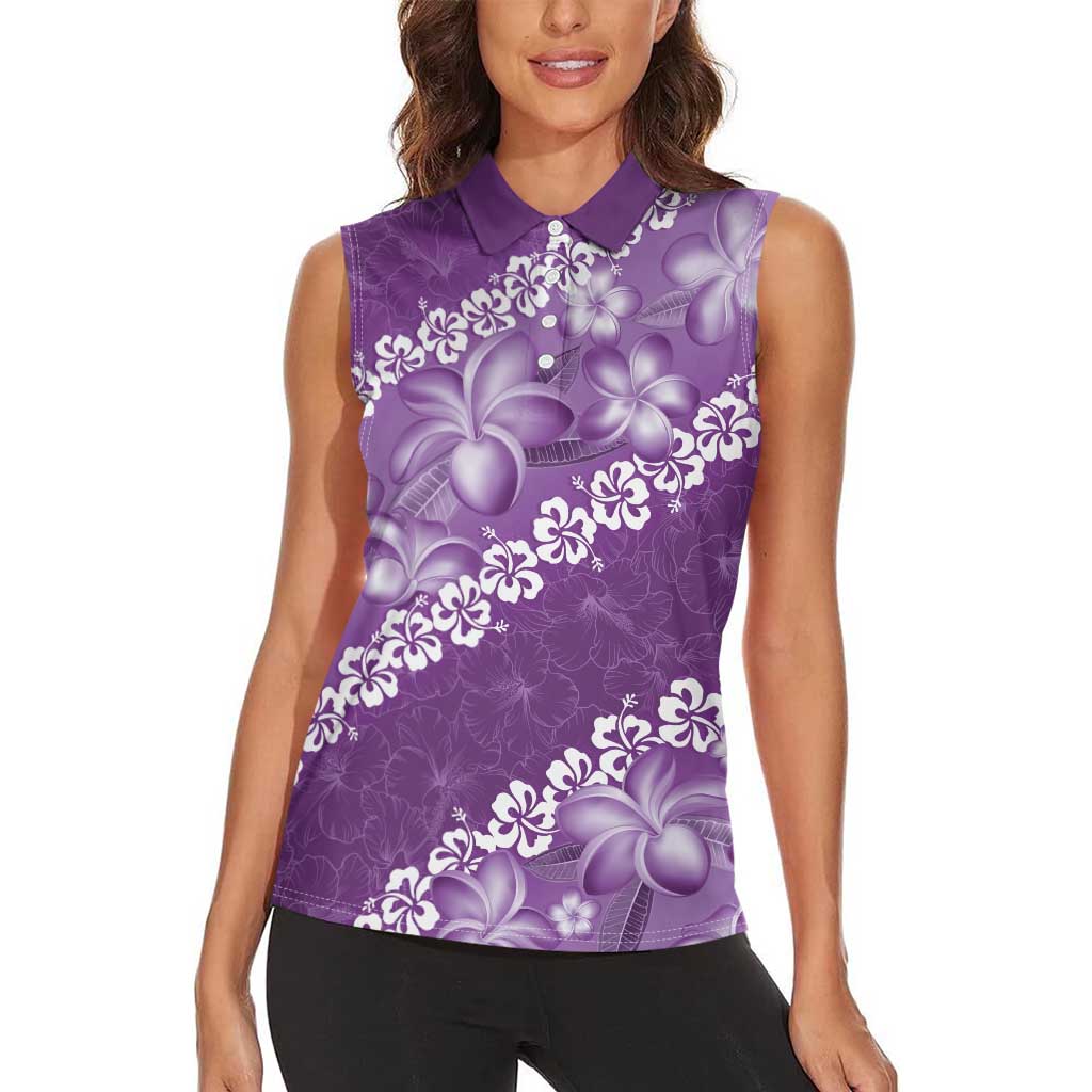 Vintage Purple Polynesia Women Sleeveless Polo Shirt Plumeria With Hibiscus Tropical Vibes
