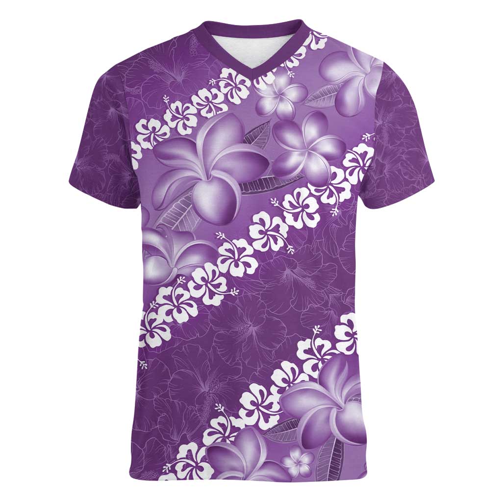 Vintage Purple Polynesia Women V-Neck T-Shirt Plumeria With Hibiscus Tropical Vibes