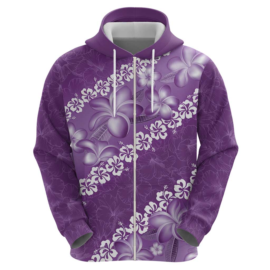Vintage Purple Polynesia Zip Hoodie Plumeria With Hibiscus Tropical Vibes
