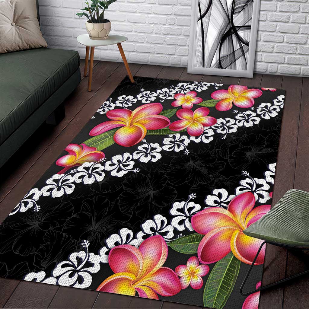 Black Polynesia Area Rug Plumeria With Hibiscus Pattern Tropical Vibes