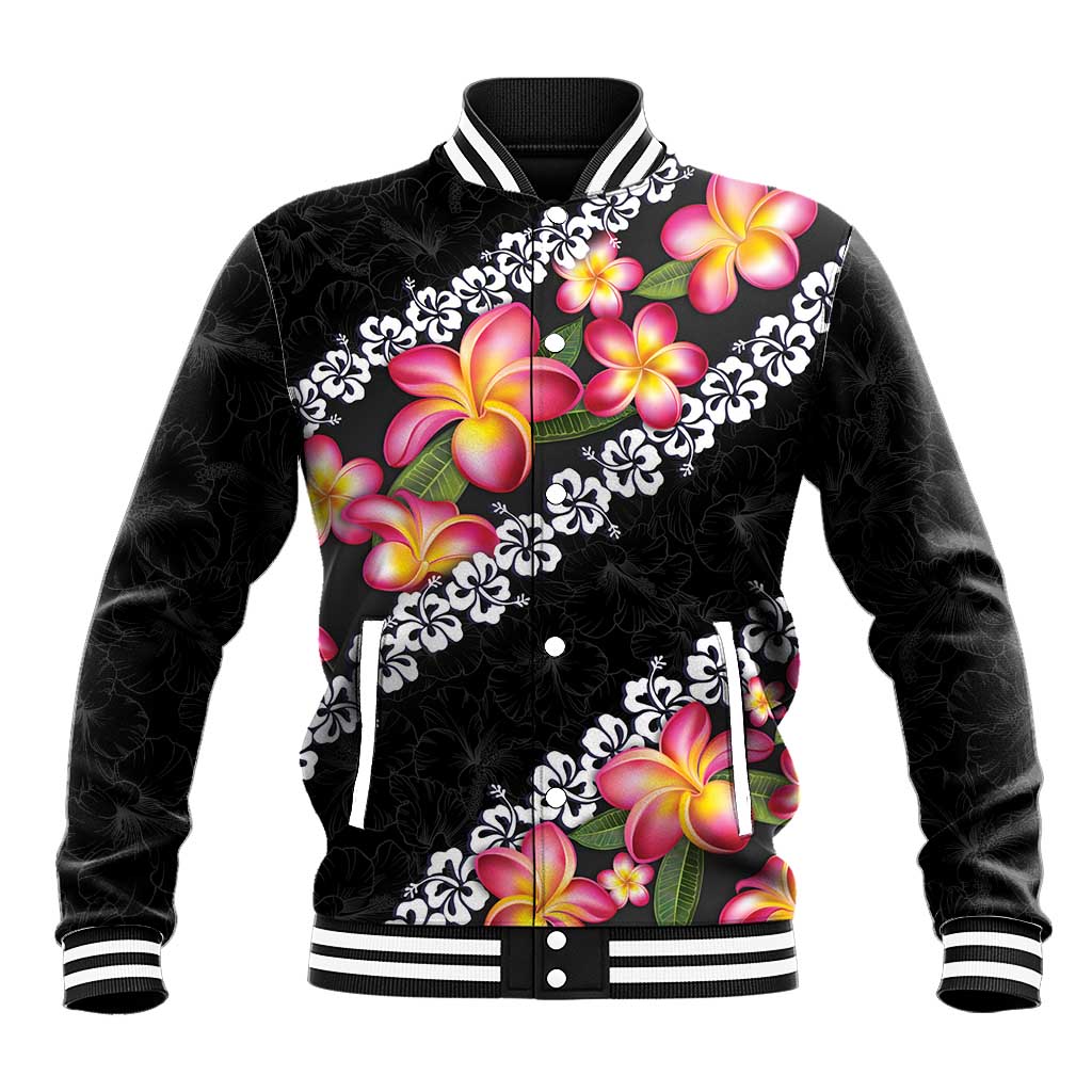Black Polynesia Baseball Jacket Plumeria With Hibiscus Pattern Tropical Vibes LT14 Unisex Black - Polynesian Pride