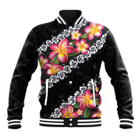 Black Polynesia Baseball Jacket Plumeria With Hibiscus Pattern Tropical Vibes LT14 Unisex Black - Polynesian Pride