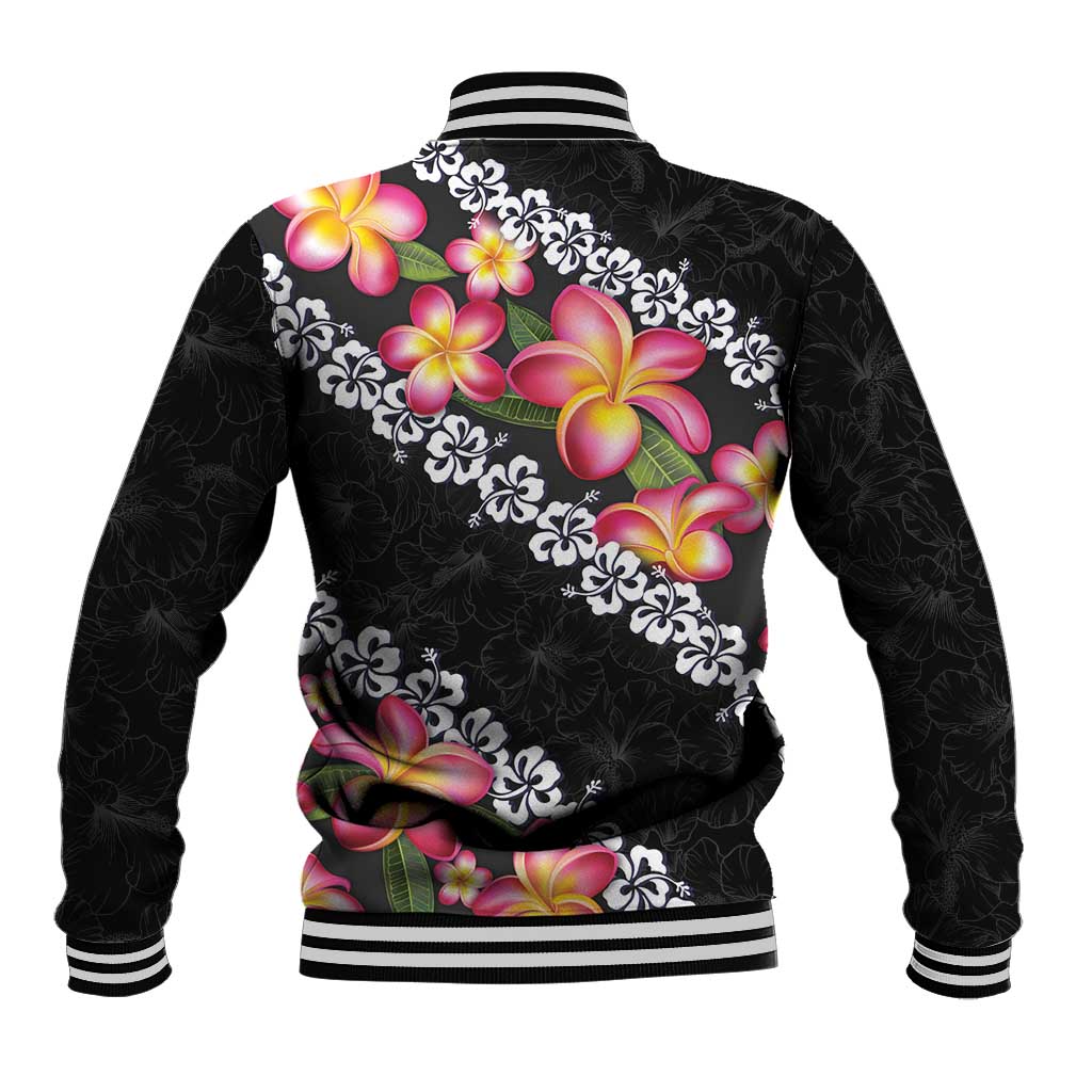 Black Polynesia Baseball Jacket Plumeria With Hibiscus Pattern Tropical Vibes LT14 - Polynesian Pride