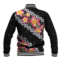 Black Polynesia Baseball Jacket Plumeria With Hibiscus Pattern Tropical Vibes LT14 - Polynesian Pride