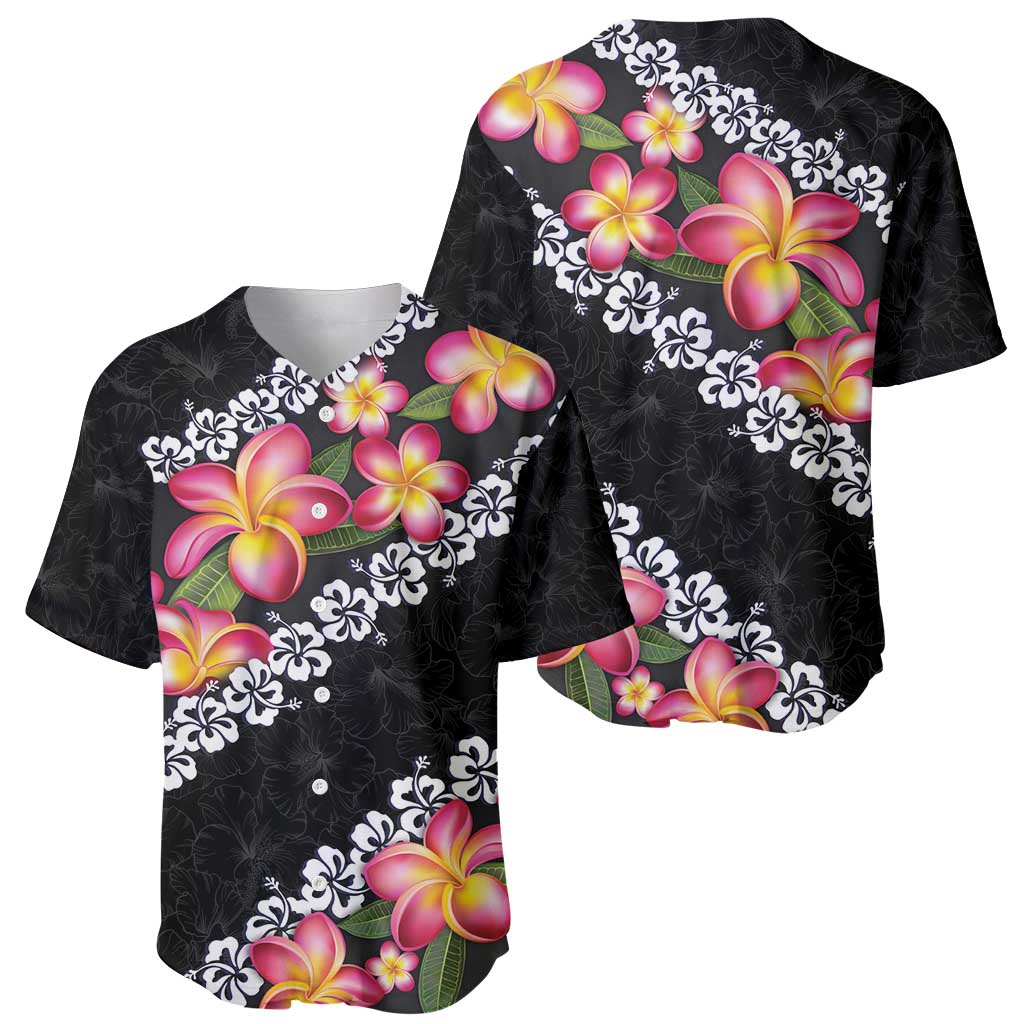 Black Polynesia Baseball Jersey Plumeria With Hibiscus Pattern Tropical Vibes