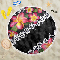 Black Polynesia Beach Blanket Plumeria With Hibiscus Pattern Tropical Vibes LT14 One Size 150cm Black - Polynesian Pride