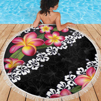 Black Polynesia Beach Blanket Plumeria With Hibiscus Pattern Tropical Vibes LT14 - Polynesian Pride