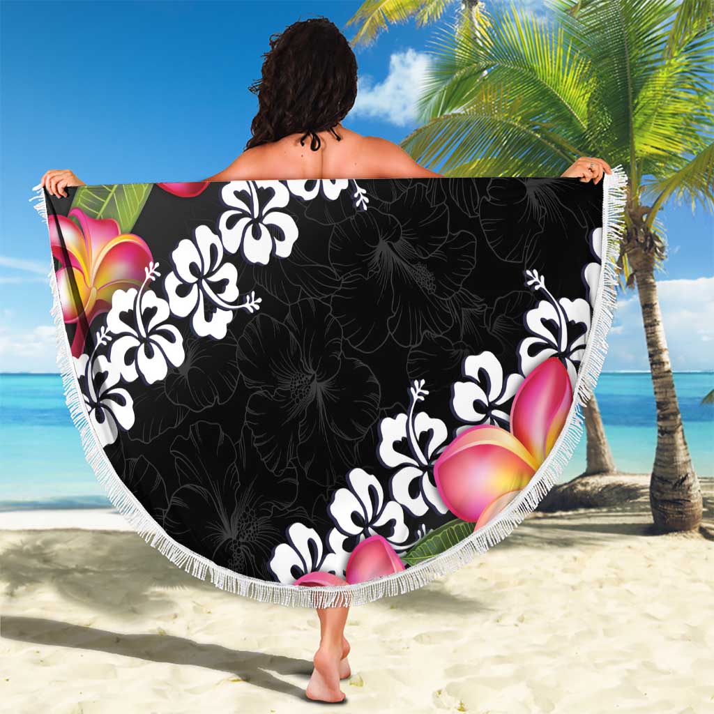 Black Polynesia Beach Blanket Plumeria With Hibiscus Pattern Tropical Vibes LT14 - Polynesian Pride
