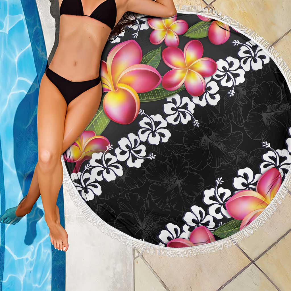Black Polynesia Beach Blanket Plumeria With Hibiscus Pattern Tropical Vibes LT14 - Polynesian Pride