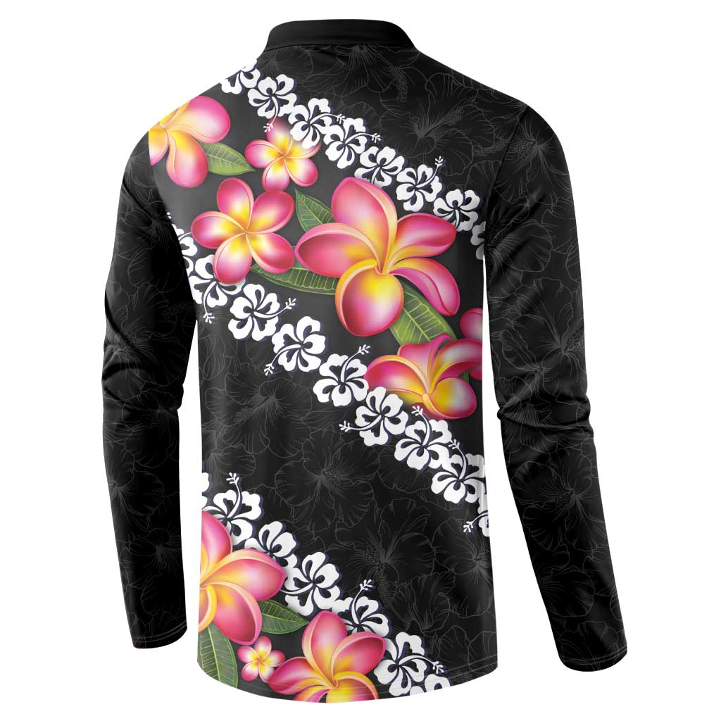 Black Polynesia Button Sweatshirt Plumeria With Hibiscus Pattern Tropical Vibes LT14 - Polynesian Pride