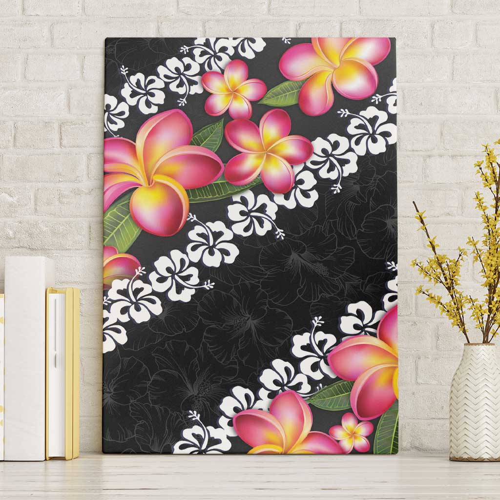 Black Polynesia Canvas Wall Art Plumeria With Hibiscus Pattern Tropical Vibes