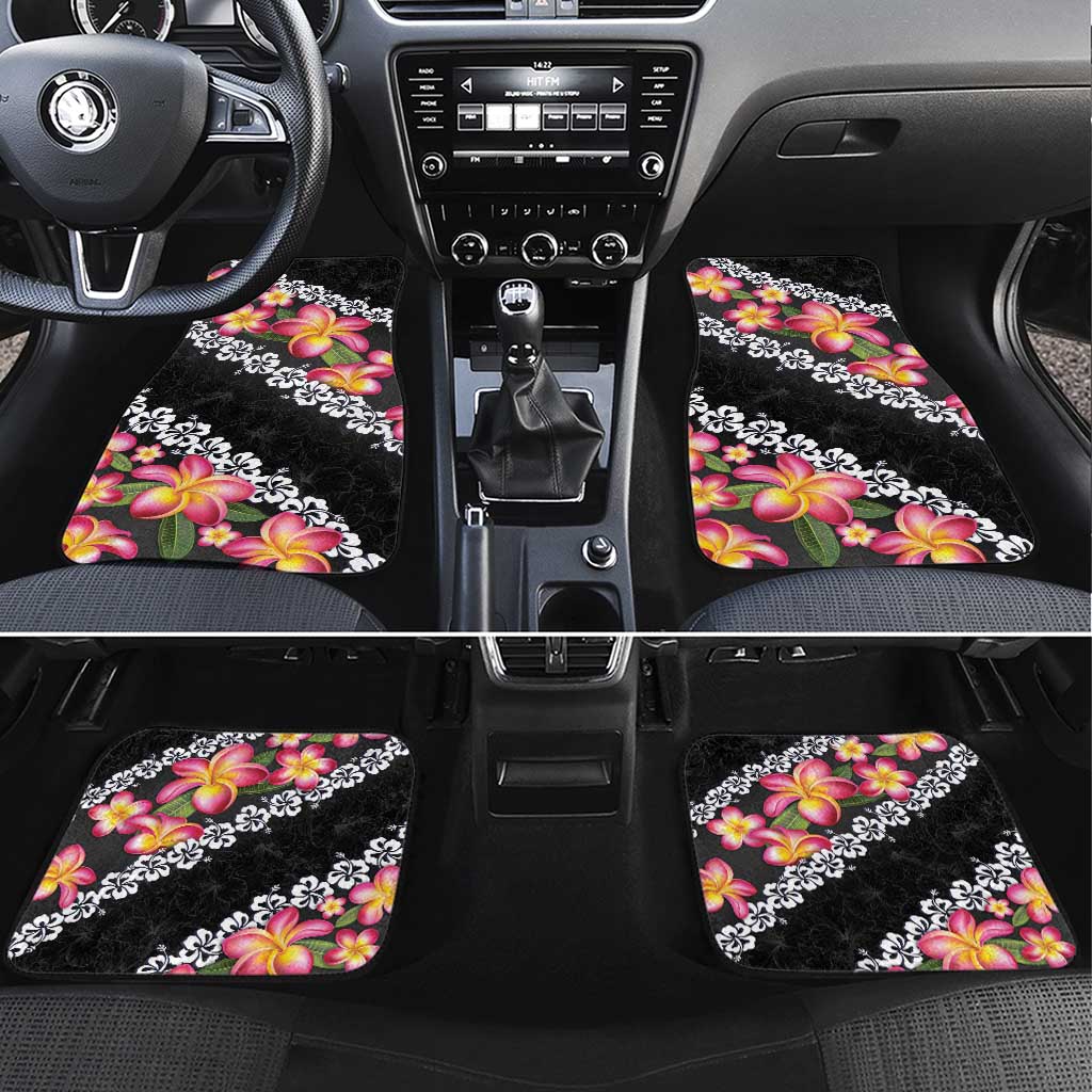 Black Polynesia Car Mats Plumeria With Hibiscus Pattern Tropical Vibes LT14 Set 4pcs Black - Polynesian Pride