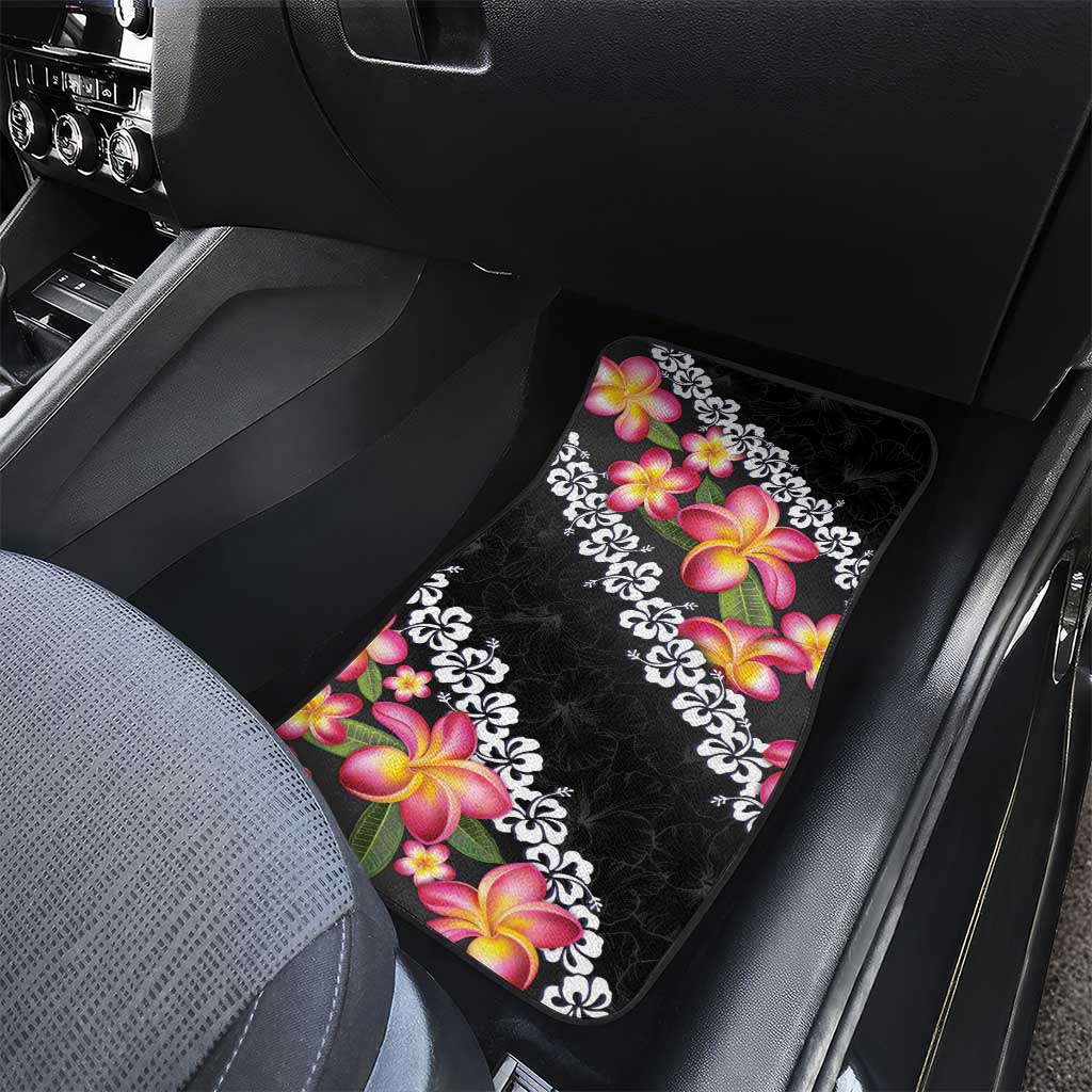 Black Polynesia Car Mats Plumeria With Hibiscus Pattern Tropical Vibes LT14 - Polynesian Pride