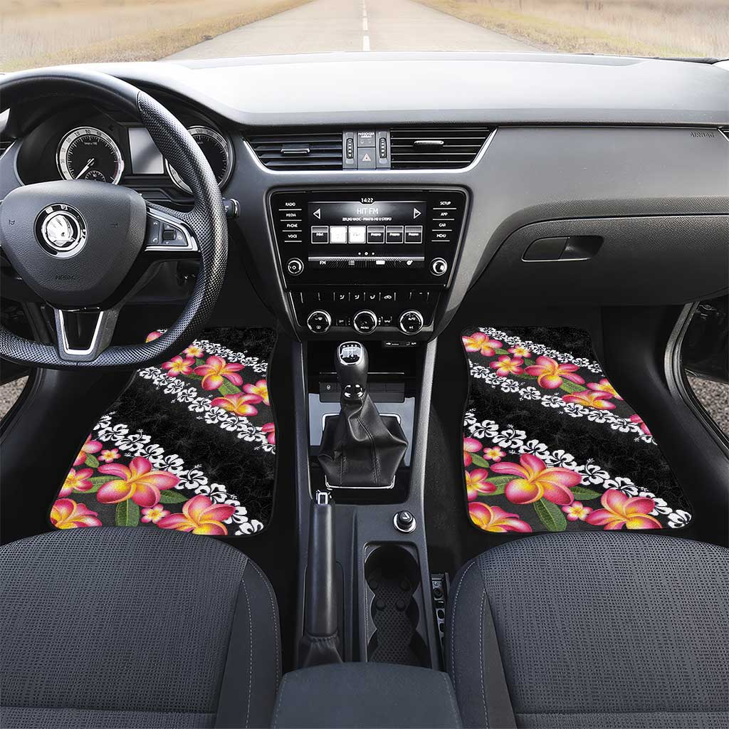 Black Polynesia Car Mats Plumeria With Hibiscus Pattern Tropical Vibes LT14 Set 2pcs - Front Black - Polynesian Pride