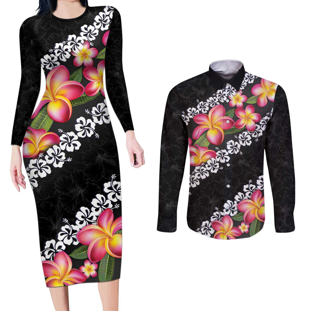 Black Polynesia Couples Matching Long Sleeve Bodycon Dress and Long Sleeve Button Shirt Plumeria With Hibiscus Pattern Tropical Vibes LT14 Black - Polynesian Pride