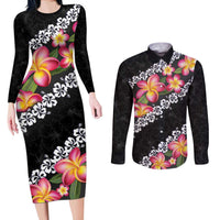 Black Polynesia Couples Matching Long Sleeve Bodycon Dress and Long Sleeve Button Shirt Plumeria With Hibiscus Pattern Tropical Vibes LT14 Black - Polynesian Pride