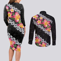 Black Polynesia Couples Matching Long Sleeve Bodycon Dress and Long Sleeve Button Shirt Plumeria With Hibiscus Pattern Tropical Vibes LT14 - Polynesian Pride